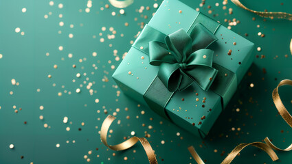 Green gift box with a green bow on a monochromatic background with golden confetti and decoration