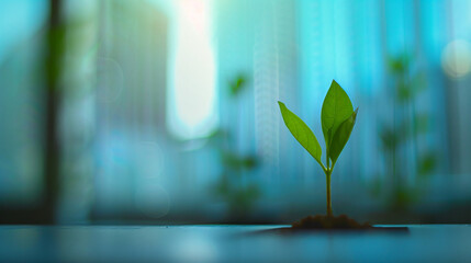 A green young tree sprout on a blue blurred background.