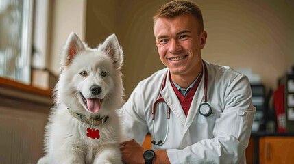 veterinarian in a veterinary clinic with a samoyed dog