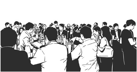 Ink illustration of crowded pub, izakaya in black and white