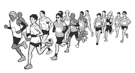 Stylized illustration of marathon runners in black and white