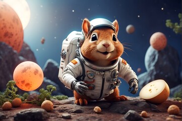 A space-exploring squirrel in a tiny astronaut suit,