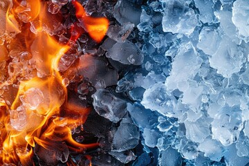 Contrast of ice and flame, cold and warm colors, coldness and warmness. Pieces cubes of ice and fire. Power of nature. battle of the elements. Creative graphic resource for design and advertisement.