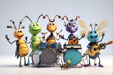 A group of cartoon insects playing in a band - obrazy, fototapety, plakaty