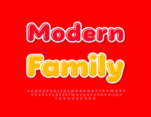 Vector artistic logo Modern Family. Bright Red Font. Trendy Glossy Alphabet Letters and Numbers set.