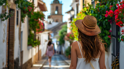 Beautiful tourist young woman walking in Cordoba city street on summer, Spain, tourism travel holiday vacations concept in Europe