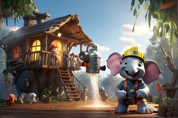 A cartoon elephant firefighter, wearing a helmet and carrying a hose