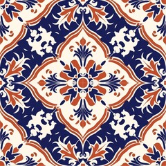 Fototapeta na wymiar Ornamental Blue and Orange Floral Tile Design.