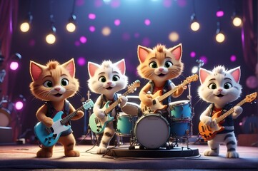 A group of cartoon kittens playing instruments in a rock band on a stage