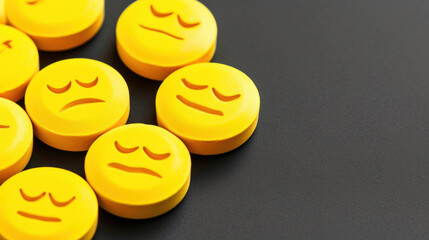 Yellow medicine pills with sad emoticons - concept of drug adverse effects
