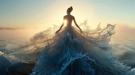 Fotobehang Beautiful goddess or nymph in intricate dress made of splashes walks on lake © Kondor83