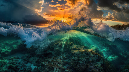 Obraz premium Splash of wave in sea, split technique