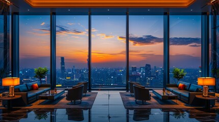 Fototapeta na wymiar Elegant business lounge in a high-rise building, panoramic city