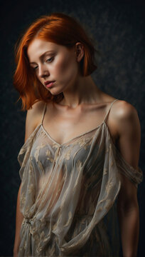 Laszive Rothaarige in sinnlichem transparenten Blumenkleid