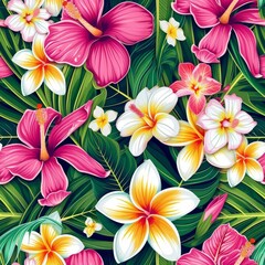 Lush Pink Hibiscus and Plumeria Illustration on Vibrant Green Backdrop.