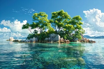 Island with rocky outcrops and trees in middle of sea capturing essence of travel and nature scenic...