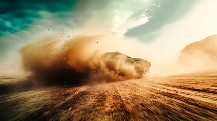Foto op Canvas Voiture de rallye projetant de la terre derrière elle en roulant dans le désert © Concept Photo Studio