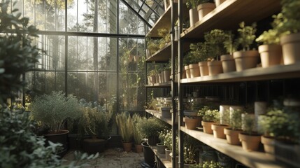 Sunlit Vintage Greenhouse with Shelves of Potted Herbs and Plants.