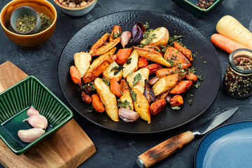 Roasted parsnip root and carrots.
