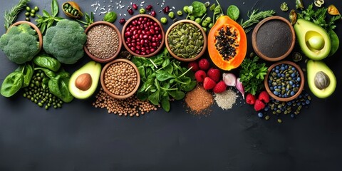 Overview of vegan cuisine Superfoods photographed from above Organic ingredients for a healthy...