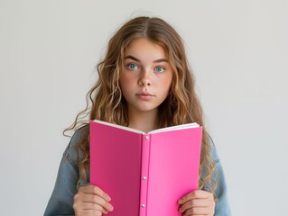 Portrait of a schoolgirl with long brown hair holding a pink book looking at the camera. Girl and book in a grey room. Created with Generative AI.