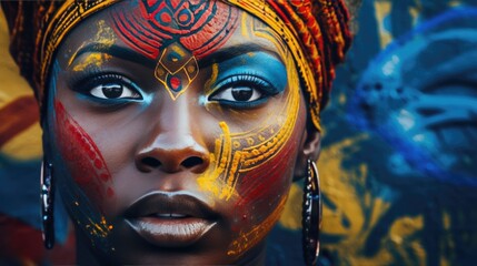 African Beauty Embellished with Red and Blue Tribal Face Paint and Headwrap.
