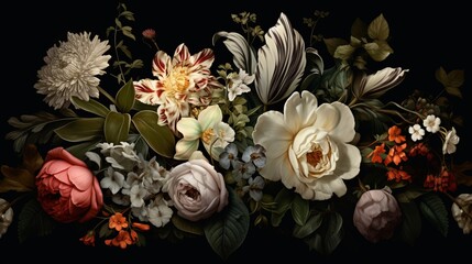 Vintage flowers. Peonies, tulips, lily, hydrangea on black. Floral background. Baroque style floristic illustration