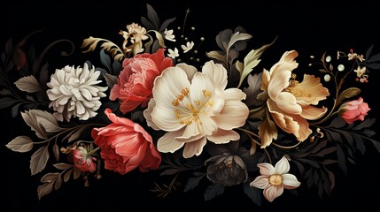 Vintage flowers. Peonies, tulips, lily, hydrangea on black. Floral background. Baroque style floristic illustration - obrazy, fototapety, plakaty