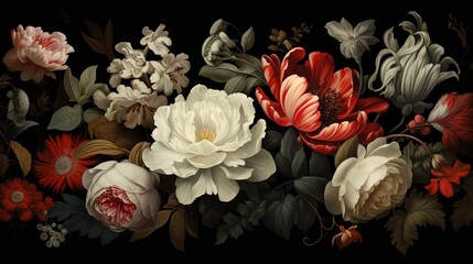 Vintage flowers. Peonies, tulips, lily, hydrangea on black. Floral background. Baroque style floristic illustration - obrazy, fototapety, plakaty