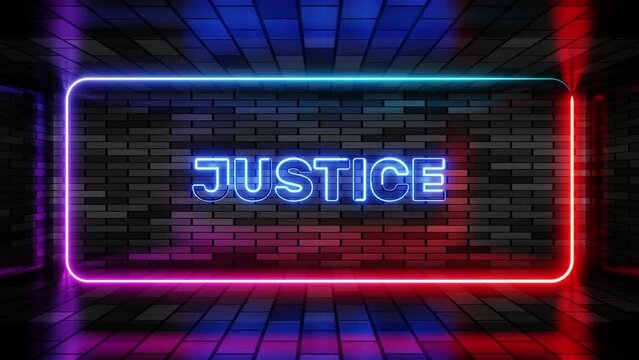 Neon sign justice in speech bubble frame on brick wall background 3d render. Light banner on the wall background. Justice loop equality laws, design template, night neon signboard