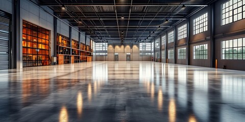 Future factory with polished concrete floor spacious display area for industrial products and a modern industrial background, Generative AI 