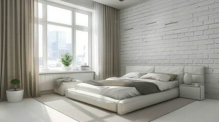 Minimalist Bedroom with White Brick Wall AI Generated.