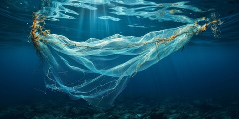 Oceanic pollution caused by discarded fishing nets, Generative AI 