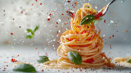 Spaghetti swirled on a fork To capture the movement of the sauce and pasta falling down. The background is white. Highlights the bright red color of the ketchup. golden color of spaghetti