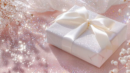 White gift box with a white bow on a pink background adorned with glitter and floral decoration