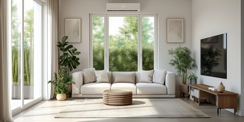 Contemporary, airy living room with AC, white walls. ai visualization, Generative AI 