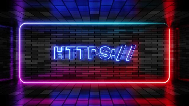 Neon sign https in speech bubble frame on brick wall background 3d render. Light banner on the wall background. Https loop cybersecurity web 30, design template, night neon signboard