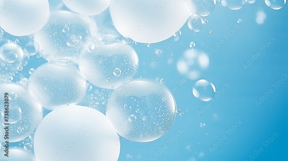 Poster white soap bubbles foam on blue background. suds shower texture macro view photo, shallow depth of f