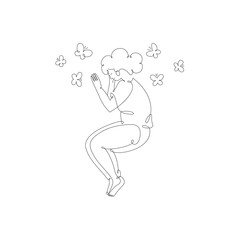 Sleeping girl with butterflies, top view, isolated line art illustration