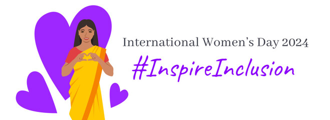 Inspire inclusion campaign pose. International Women's Day 2024 theme banner. Smiling Indian woman makes heart symbol with hands to stop discrimination and stereotypes. Gender equal inclusive world