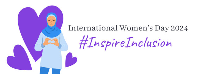 Inspire inclusion campaign pose. International Women's Day 2024 theme banner. Smiling Muslim woman makes heart symbol with hands to stop discrimination and stereotypes. Gender equal inclusive world