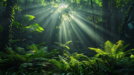 Lush green forest with sunlight filtering through the trees - obrazy, fototapety, plakaty