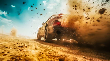 Fotobehang Voiture de rallye projetant de la terre derrière elle en roulant dans le désert © Concept Photo Studio