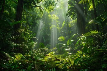 Lush green forest with sunlight filtering through the trees - obrazy, fototapety, plakaty