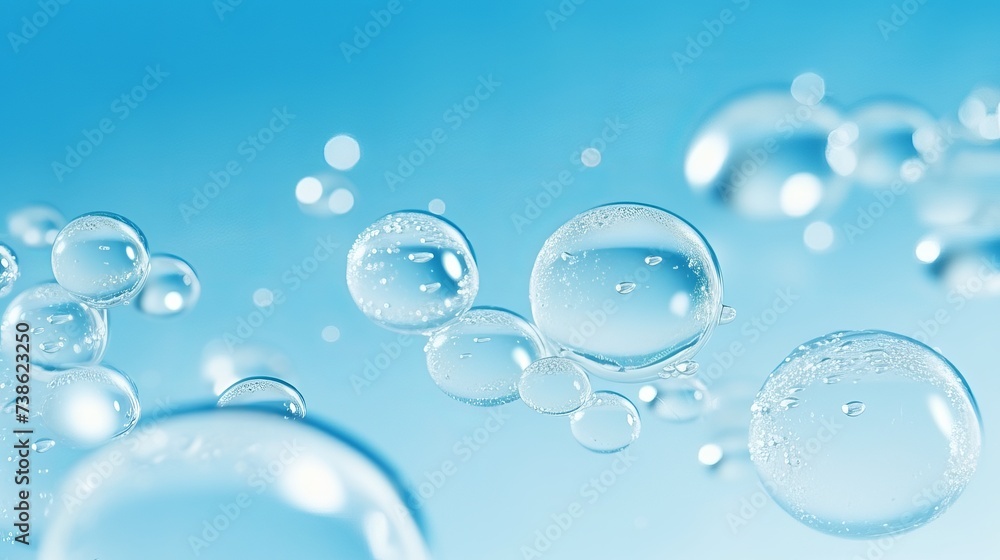 Poster white soap bubbles foam on blue background. suds shower texture macro view photo, shallow depth of f