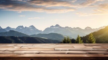Wooden table top with the mountain landscape - obrazy, fototapety, plakaty