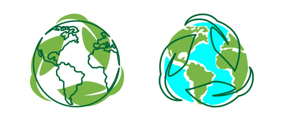 Earth and recycling logo, green vector concept. illustration.