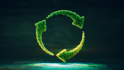 Obraz premium A symbol of arrows in a circle made up of lush green translucent leaves that are backlit against a dark blue background. Concept of reusability and environmental friendliness. 3d rendering.