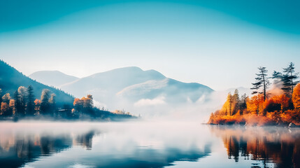 Paysage , lac dans la montagne à l'aube