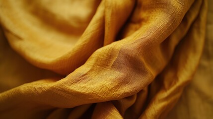 Fototapeta premium Macro shot of textured golden cloth, highlighting intricate weaves. Suitable for design elements or as a texture in fashion and material design